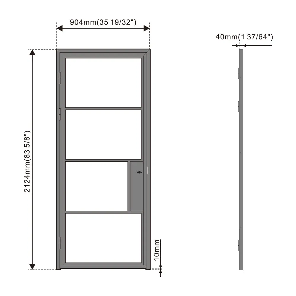 36 in. x 85 in. 4 Lite Frost Glass Black Steel Frame Prehung Interior Door with Door Handle