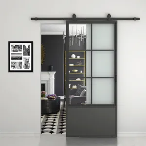 6-Lite Tempered Glass Barn Door Steel Frame  Sliding Hardware Kit and Door Handle