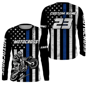 American Flag Blue Motocross Jersey Men Dirt Bike Shirt Patriotic MX Racing Jersey, Flag Biker Long Sleeve Shirt