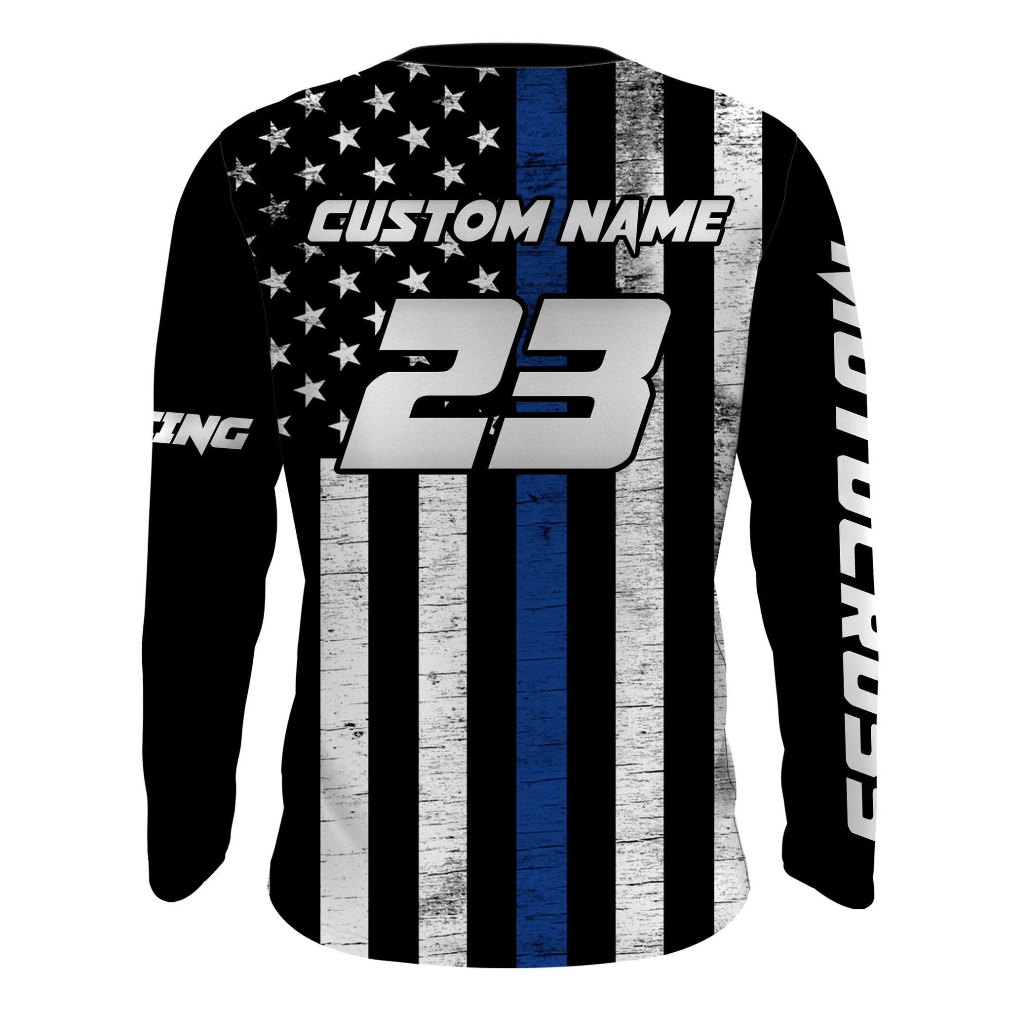 American Flag Blue Motocross Jersey Men Dirt Bike Shirt Patriotic MX Racing Jersey, Flag Biker Long Sleeve Shirt