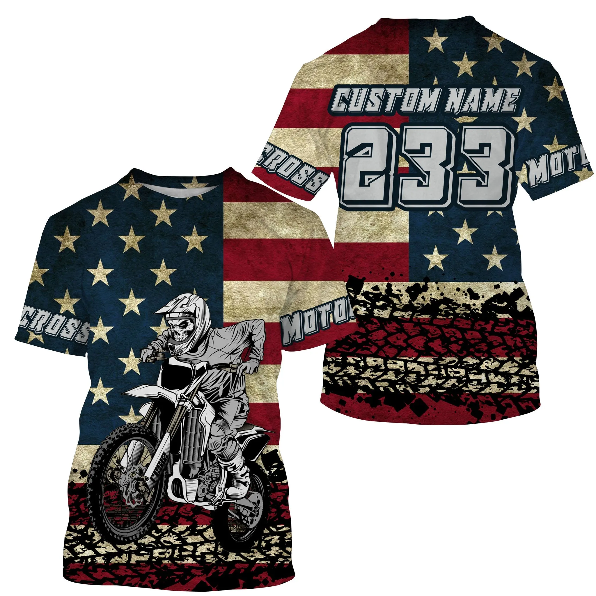 American Flag Custom Skull Motocross 3D Long Sleeve UV Patriotic Dirt Bike Racing Motorcycle Racewear