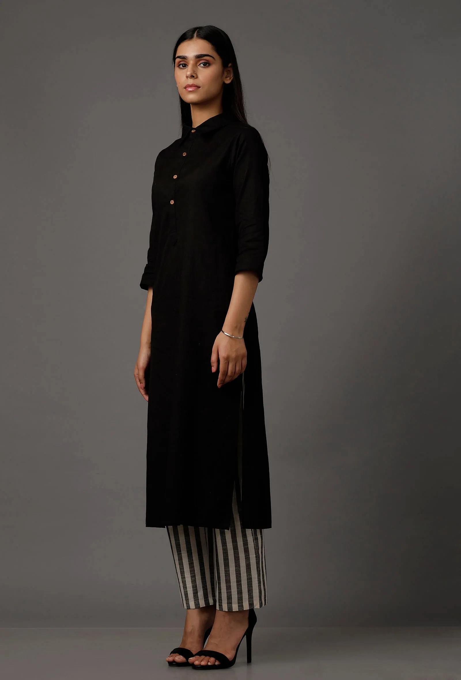 Black Pure Woven Cotton Kurta