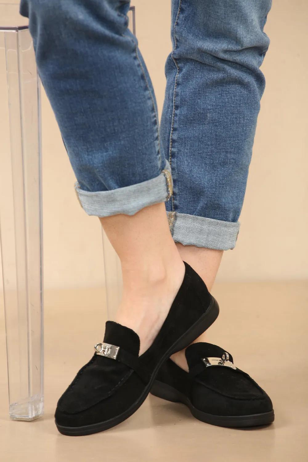 BLACK SUEDE CASUAL METAL DETAIL LOAFERS