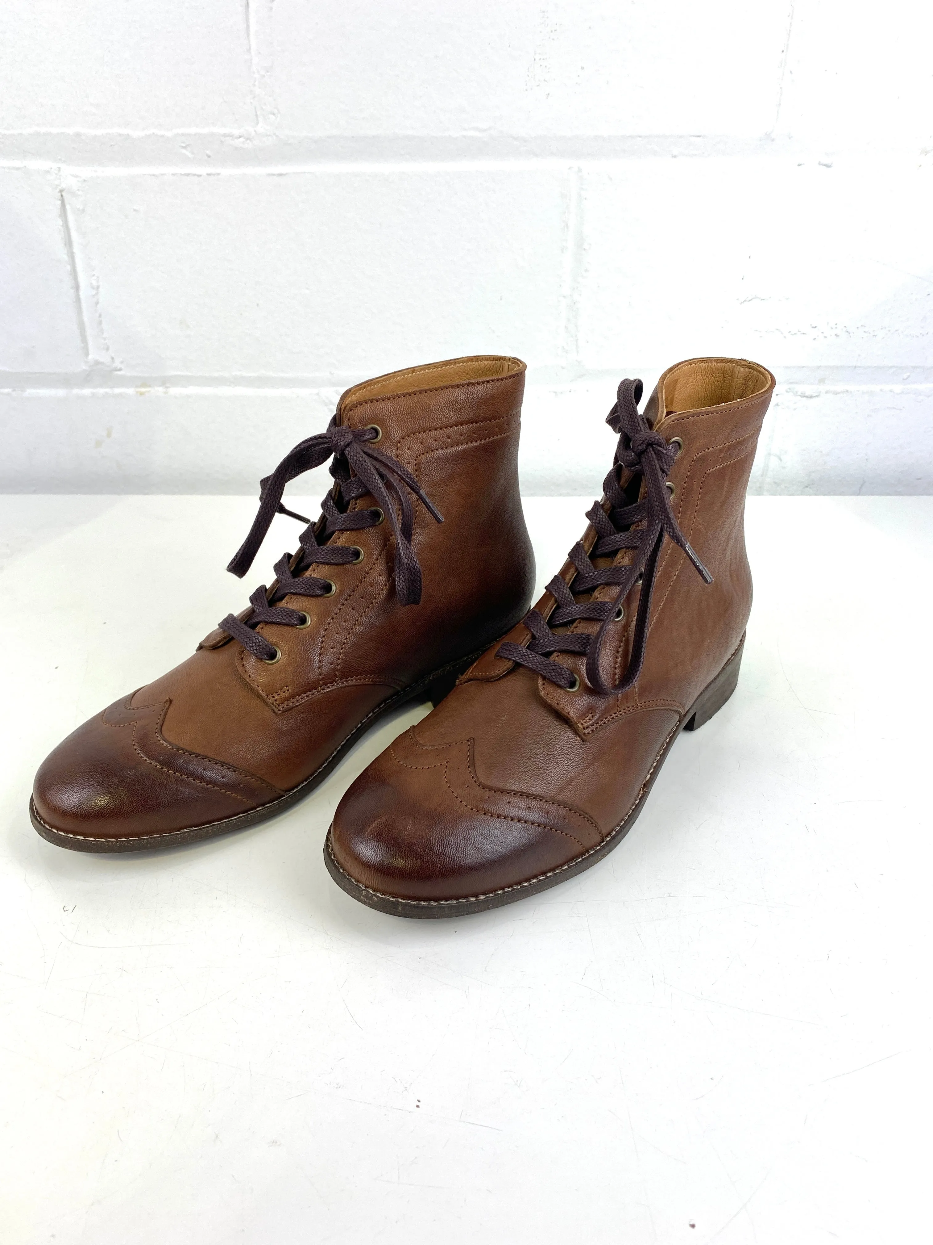 Boys' Period Repro Brown Leather Wingtip Brogue Boots, Made in Portugal