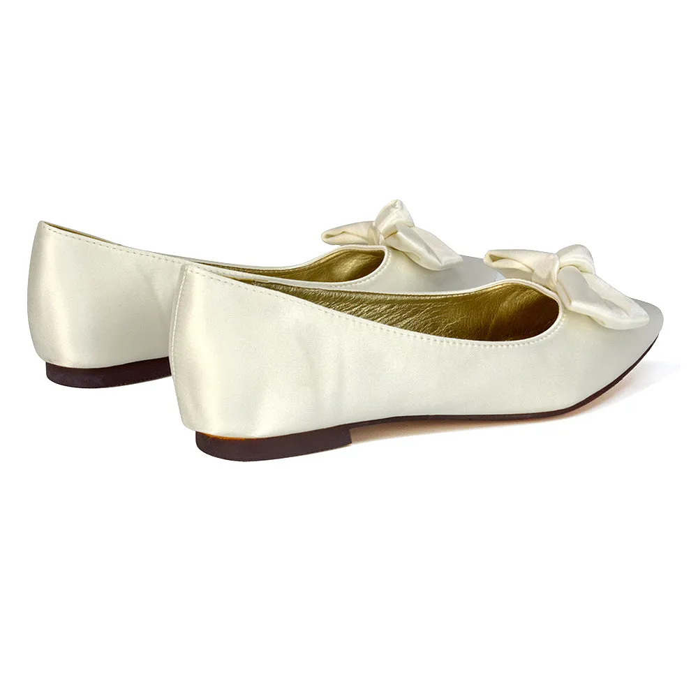 Cally Bow Detail Pointed Toe Ballerina Bridal Flats Pump Shoes in Ivory Satin