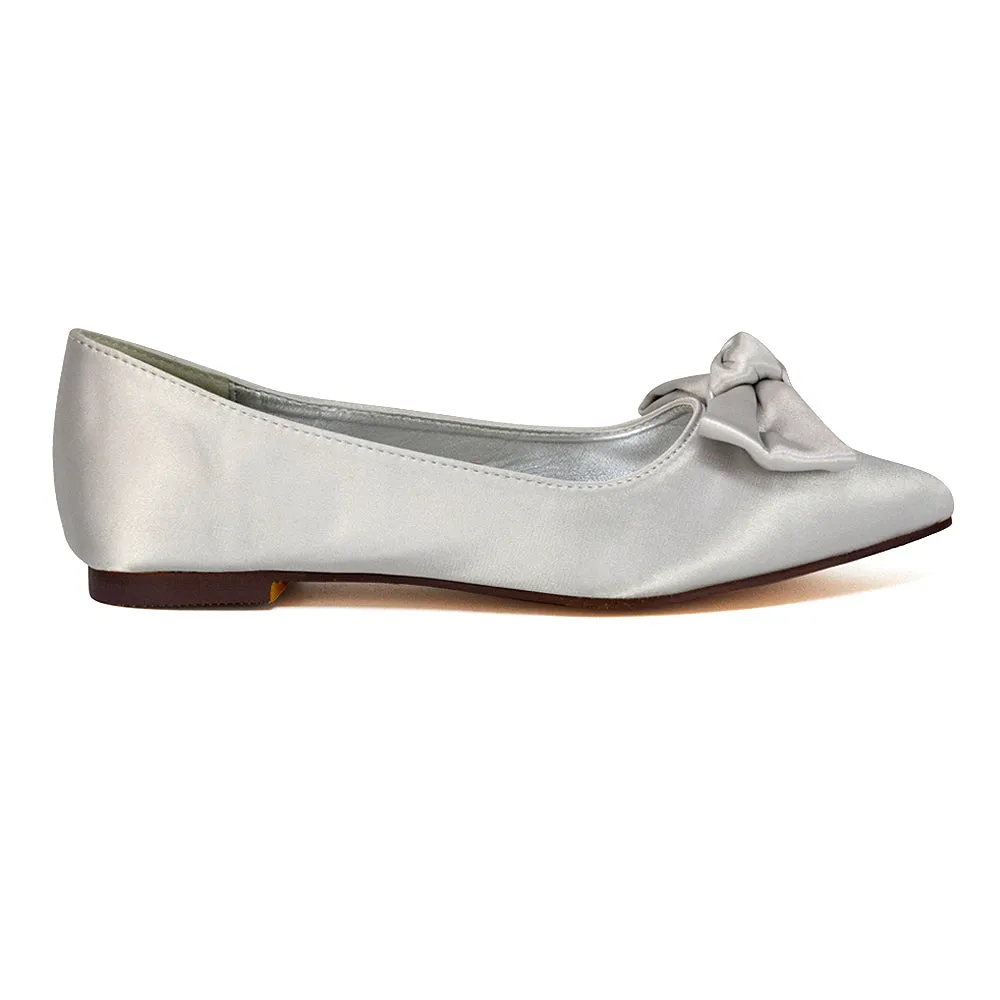 Cally Bow Detail Pointed Toe Ballerina Bridal Flats Pump Shoes in Ivory Satin