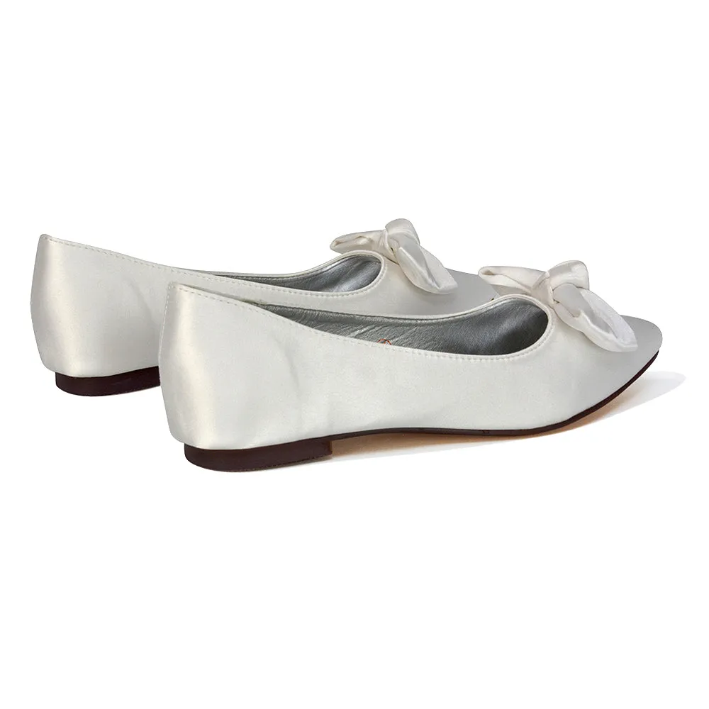 Cally Bow Detail Pointed Toe Ballerina Bridal Flats Pump Shoes in Ivory Satin