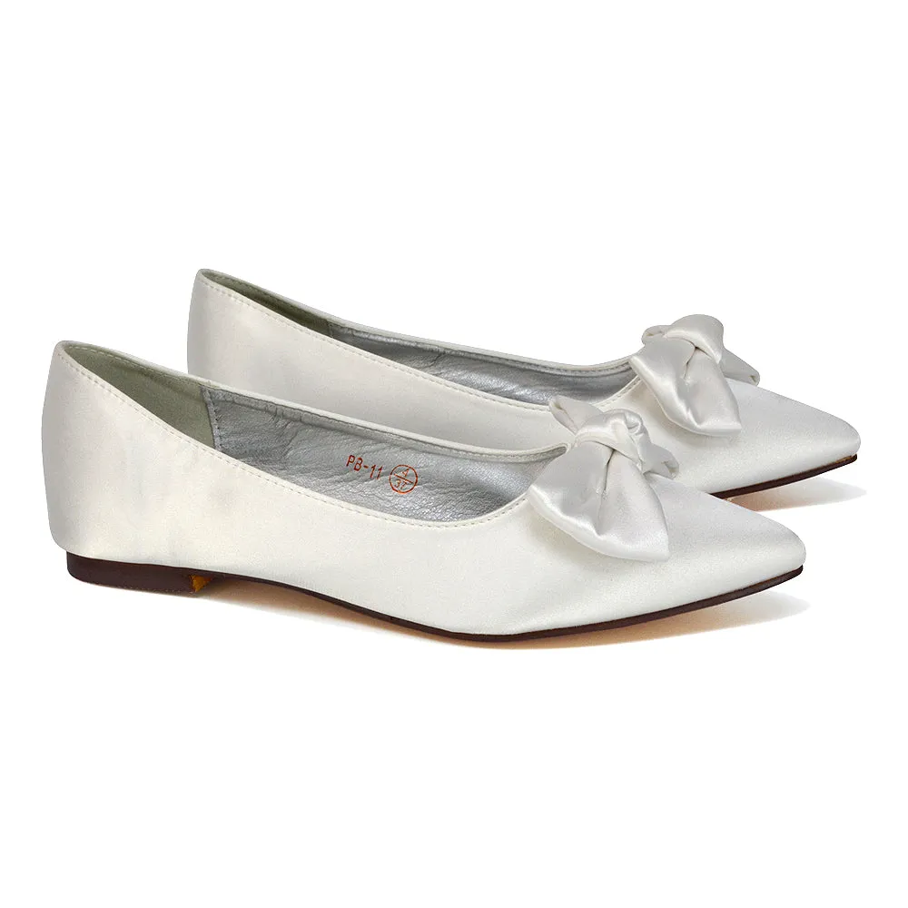 Cally Bow Detail Pointed Toe Ballerina Bridal Flats Pump Shoes in Ivory Satin