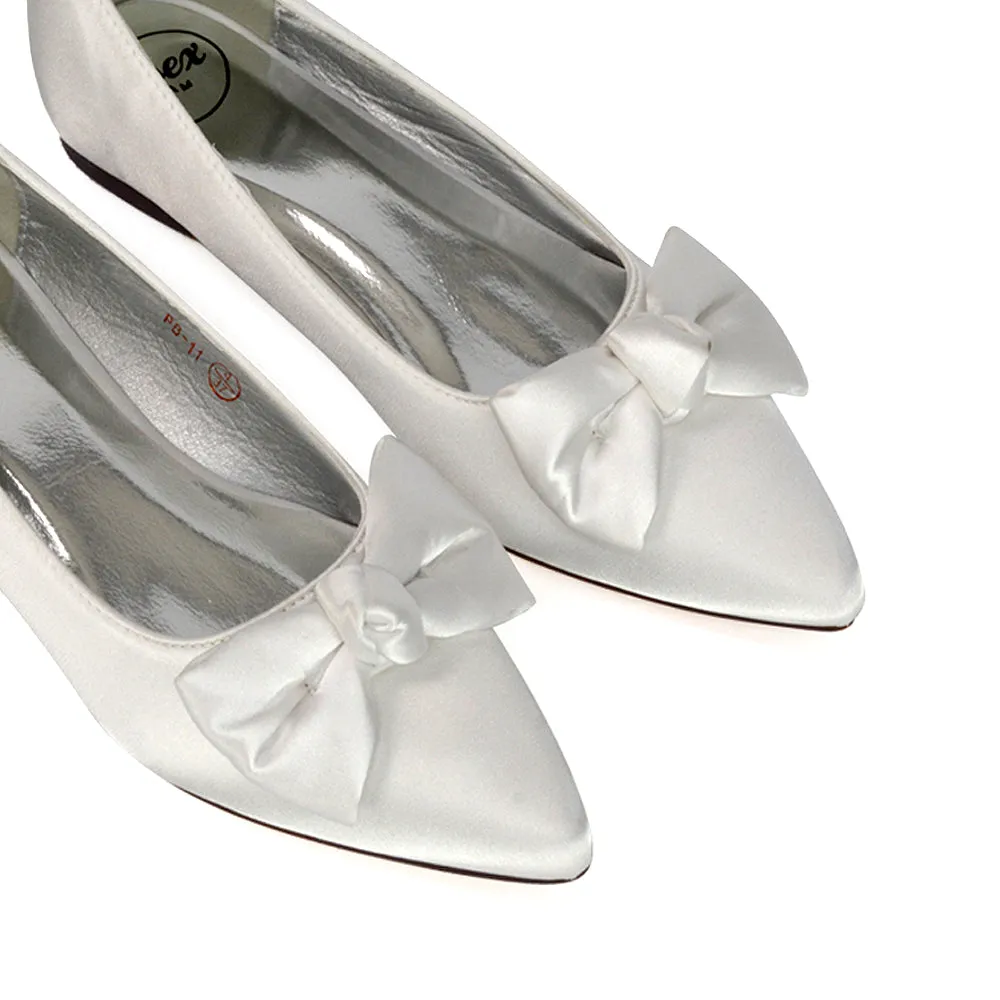 Cally Bow Detail Pointed Toe Ballerina Bridal Flats Pump Shoes in Ivory Satin