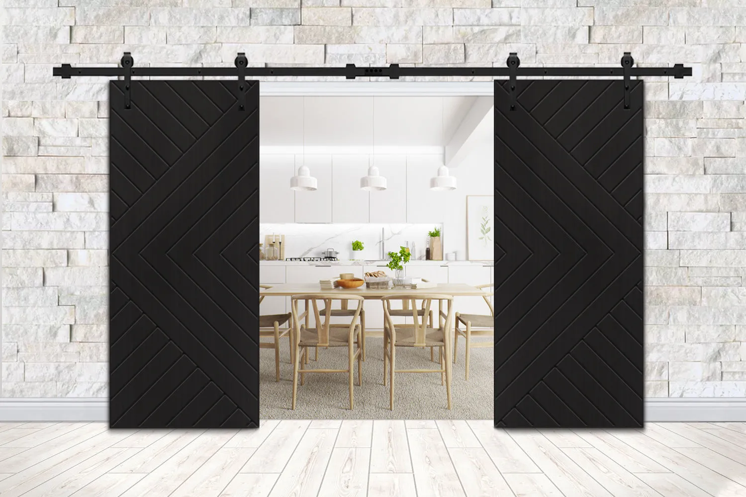 Chevron Arrow Fully Assembled Painted MDF Double Sliding Barn Door With Hardware Kit