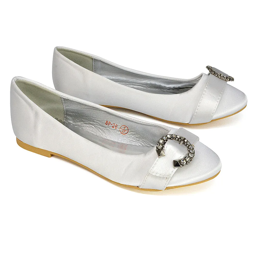 Ferne Diamante Broach Detail Flat Ballerina Bridal Pump Shoes in Silver Satin