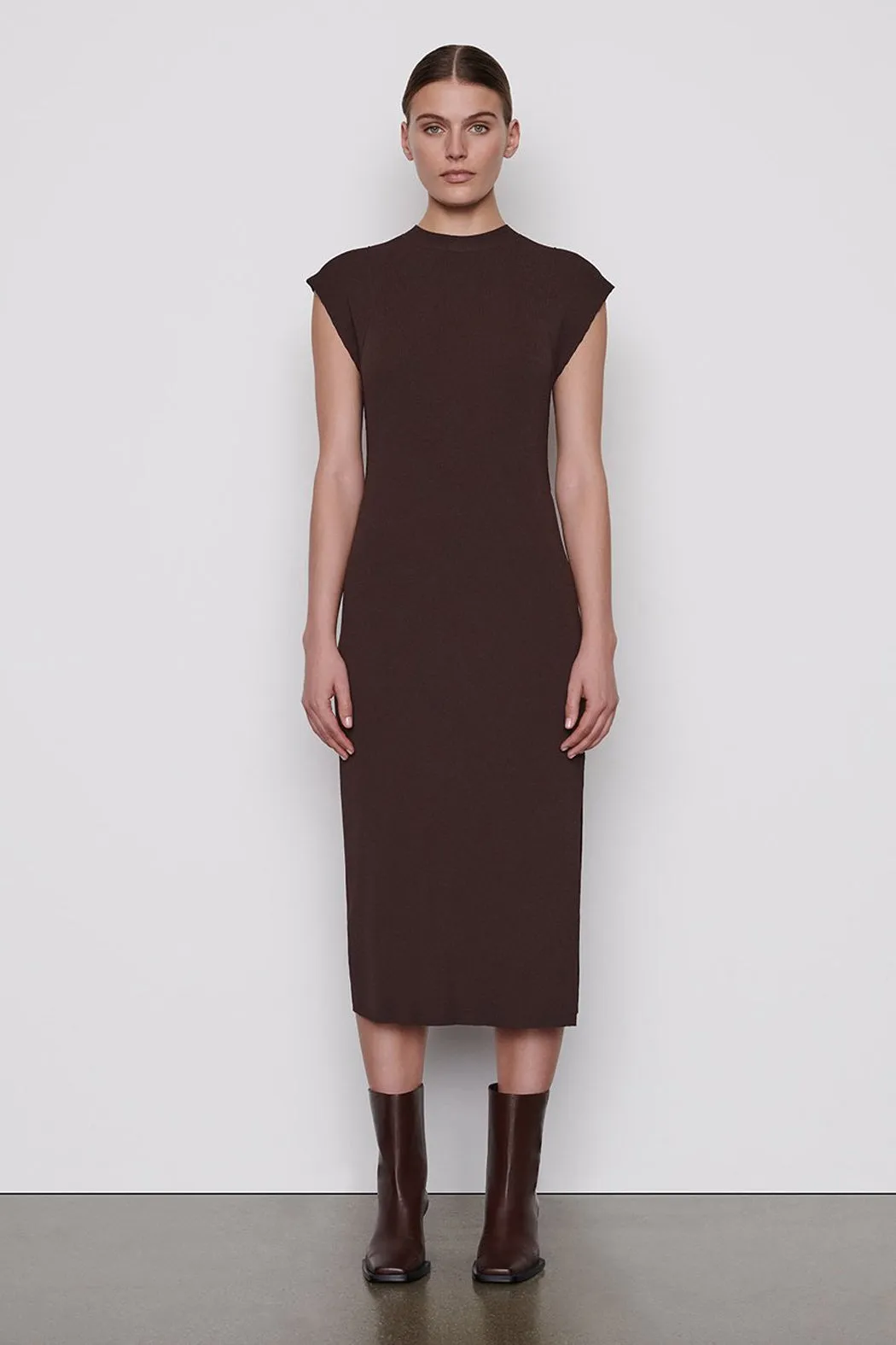 FRAME - Cap Sleeve Rib Dress Mahogany