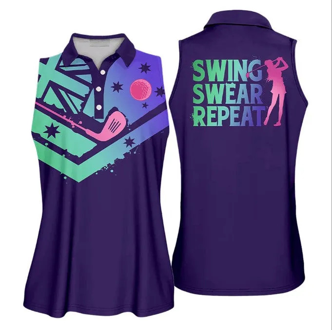 Gradient Swing Swear Repeat Flag Australian Swing Swear Repeat Golfer Gift Color Sleeveless Polo Shirt, Short Sleeve Polo Shirt For Women