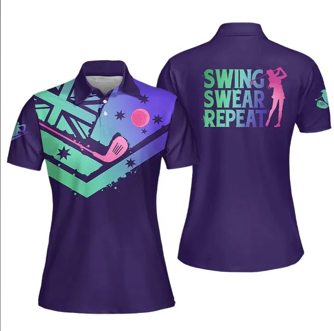 Gradient Swing Swear Repeat Flag Australian Swing Swear Repeat Golfer Gift Color Sleeveless Polo Shirt, Short Sleeve Polo Shirt For Women