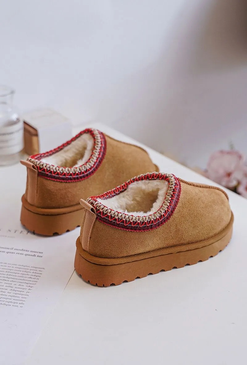 KIDS EMBROIDERY DETAIL FAUX FUR LINING SLIPPERS IN CAMEL 19-24 SIZES