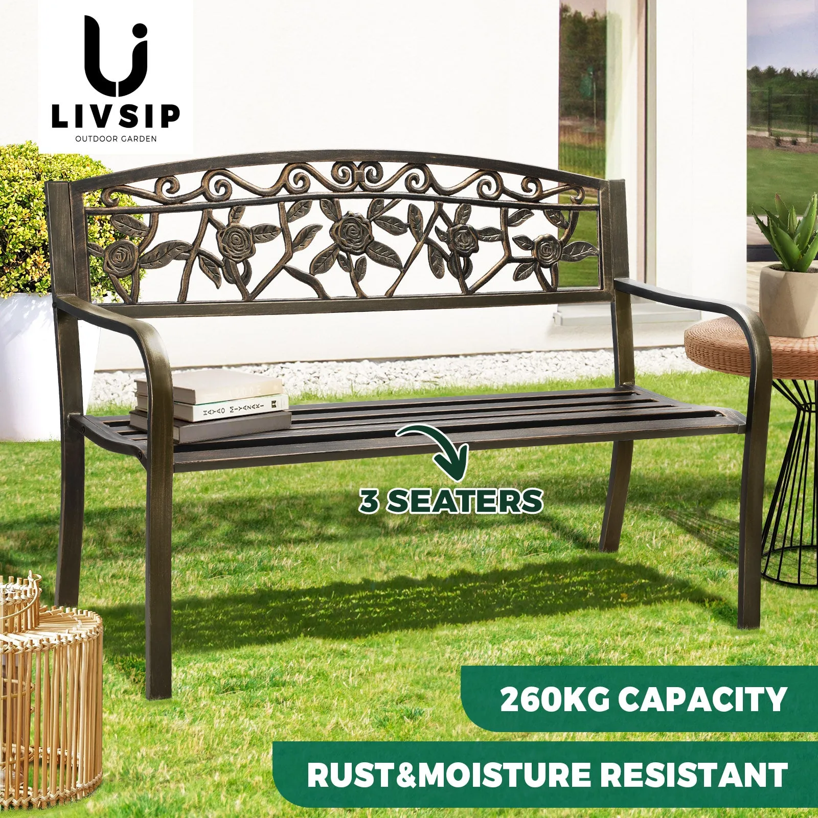 Livsip Garden Bench Outdoor Furniture Patio Seat Park Backyard Chair Bronze