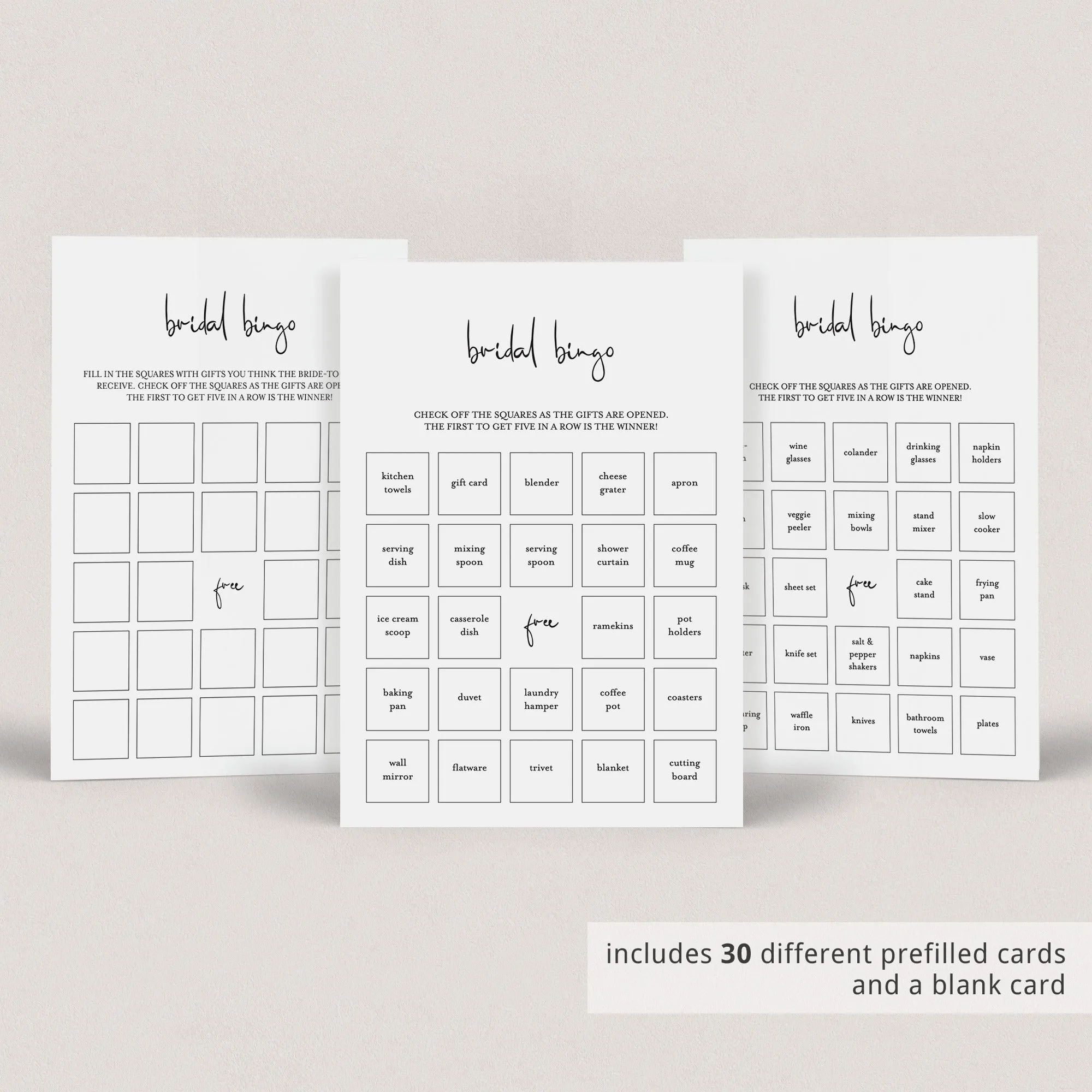 Minimalist Bridal Bingo PreFilled And Blank Cards Printable