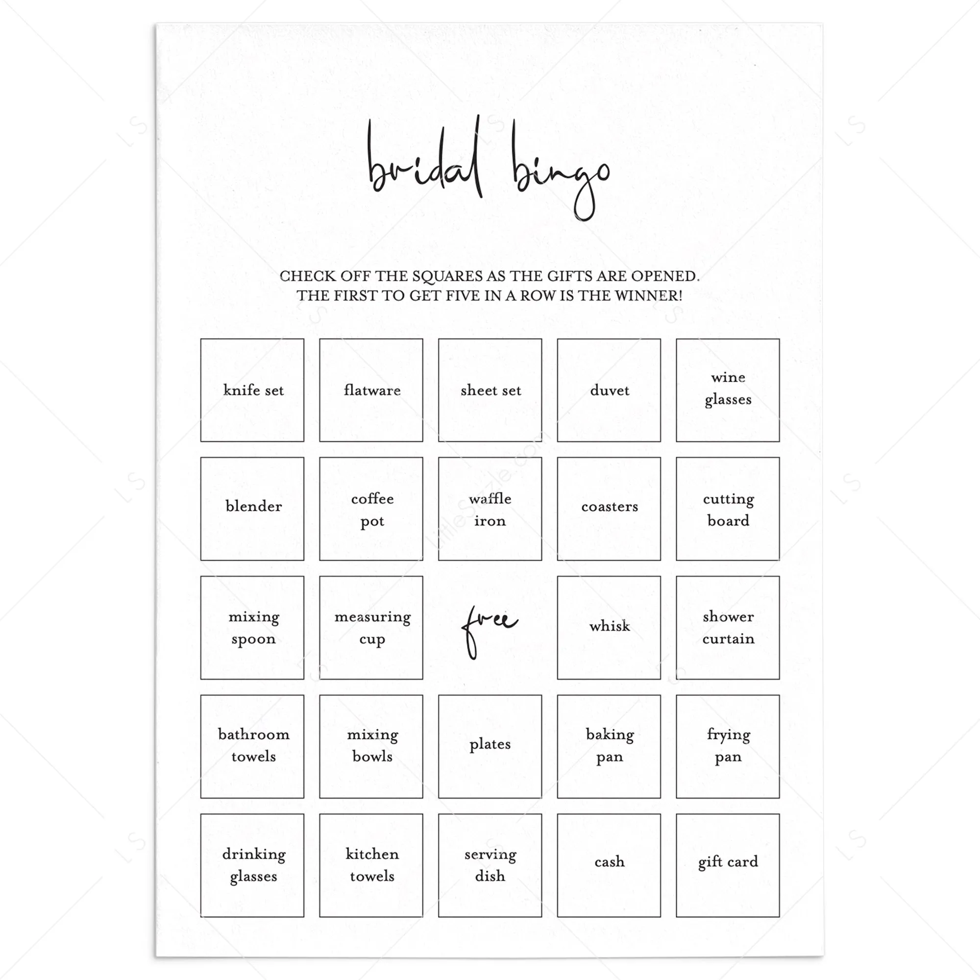 Minimalist Bridal Bingo PreFilled And Blank Cards Printable