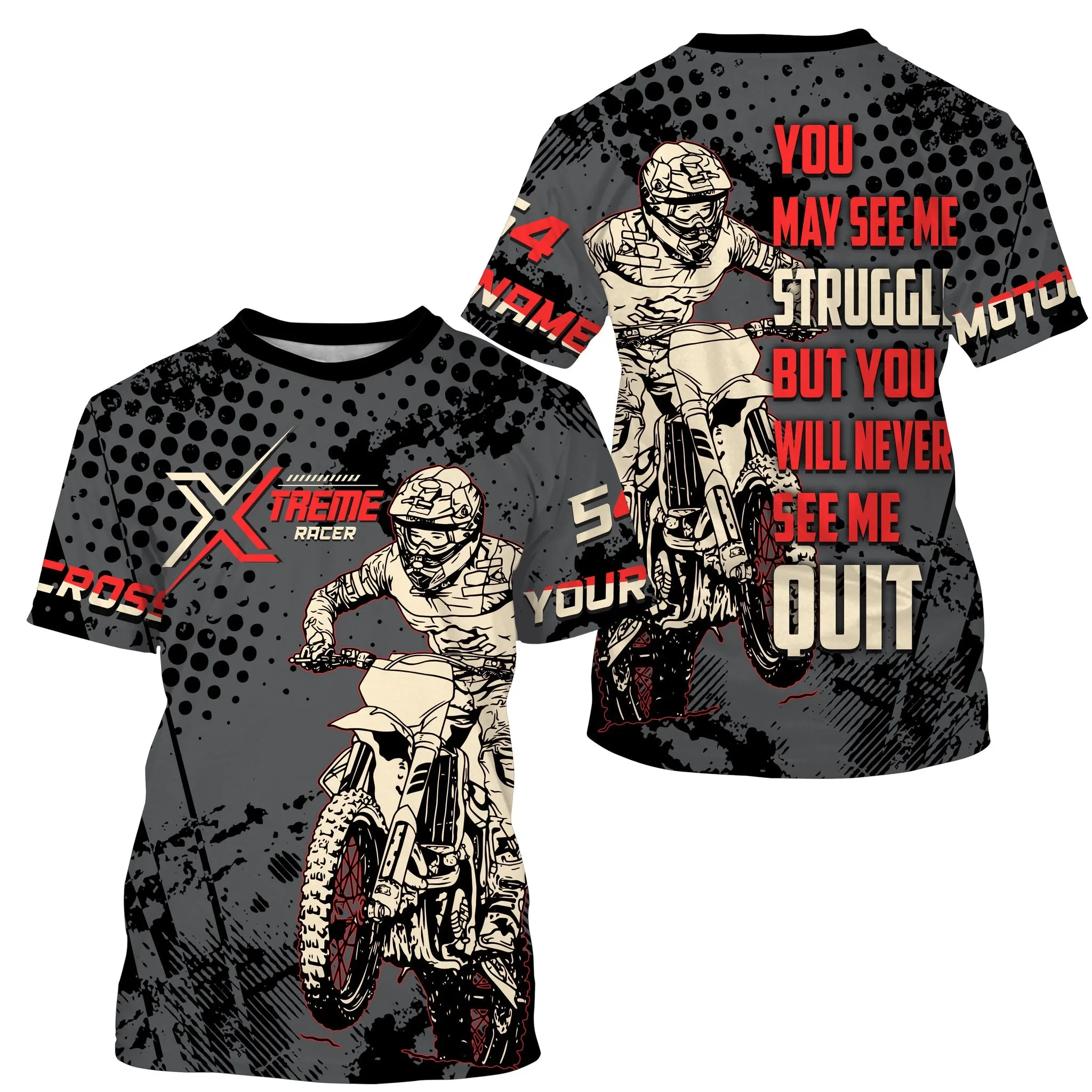 Personalized Motocross 3D Long Sleeve, Never Quit Dirt Bike Off-Road Riders Racewear