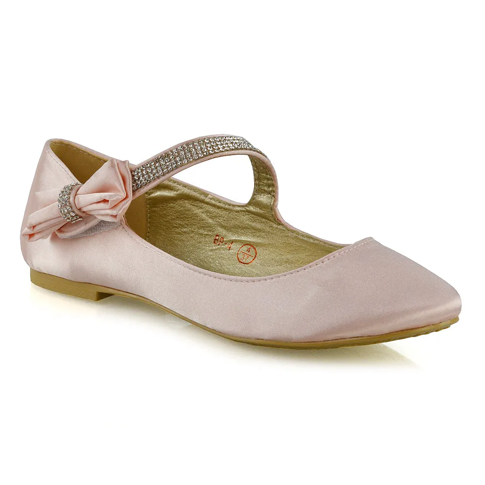 Poppy-Faye Embellished Bow Detail Diamante Strap Wedding Pumps Flat Bridal Shoes in Pastel Pink Satin