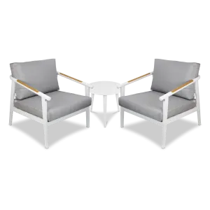 Porto & Santorini Large 3pc Occasional Set in Arctic White Aluminium Frame with Teak Polywood Accent and Spuncrylic Stone Grey Cushions