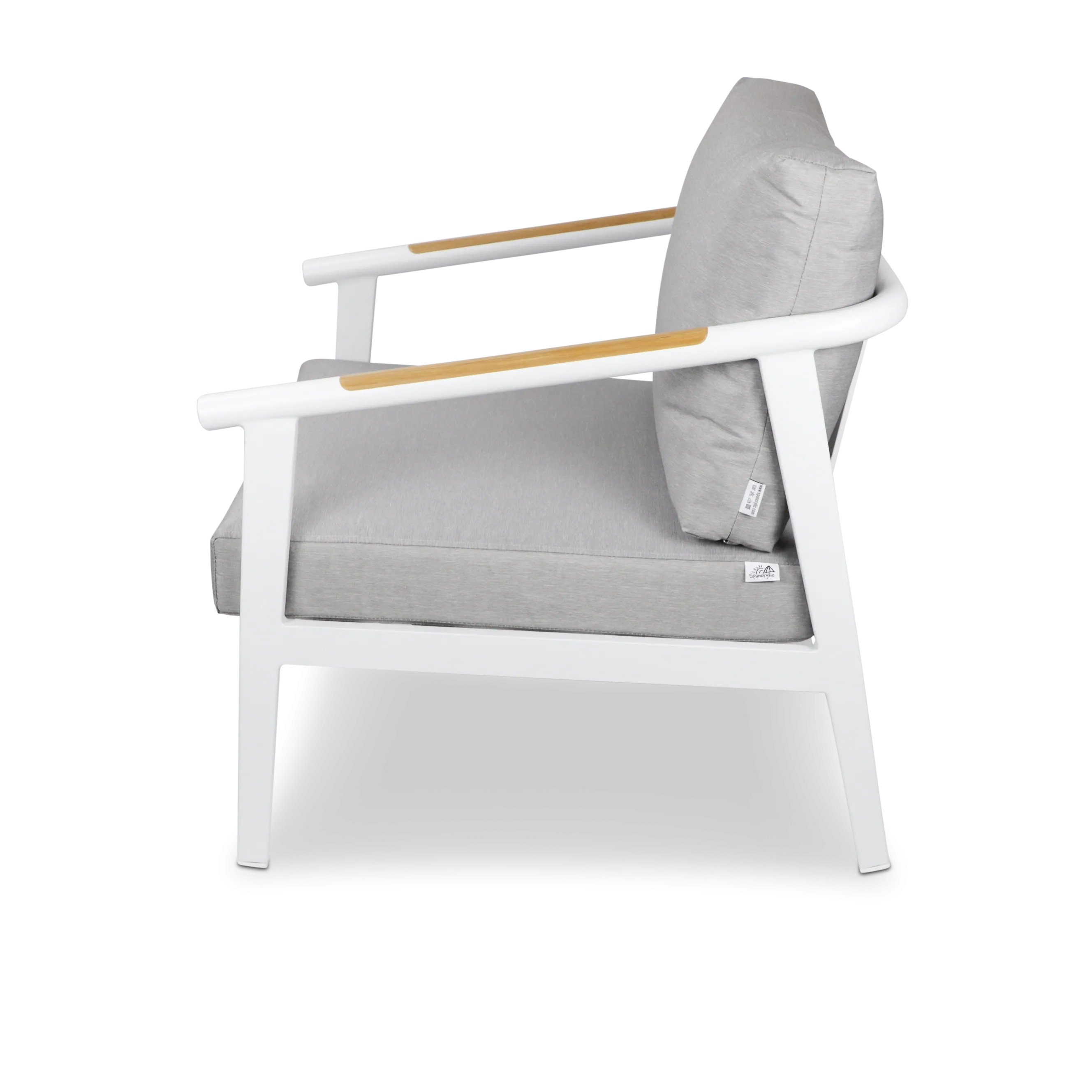 Porto & Santorini Large 3pc Occasional Set in Arctic White Aluminium Frame with Teak Polywood Accent and Spuncrylic Stone Grey Cushions