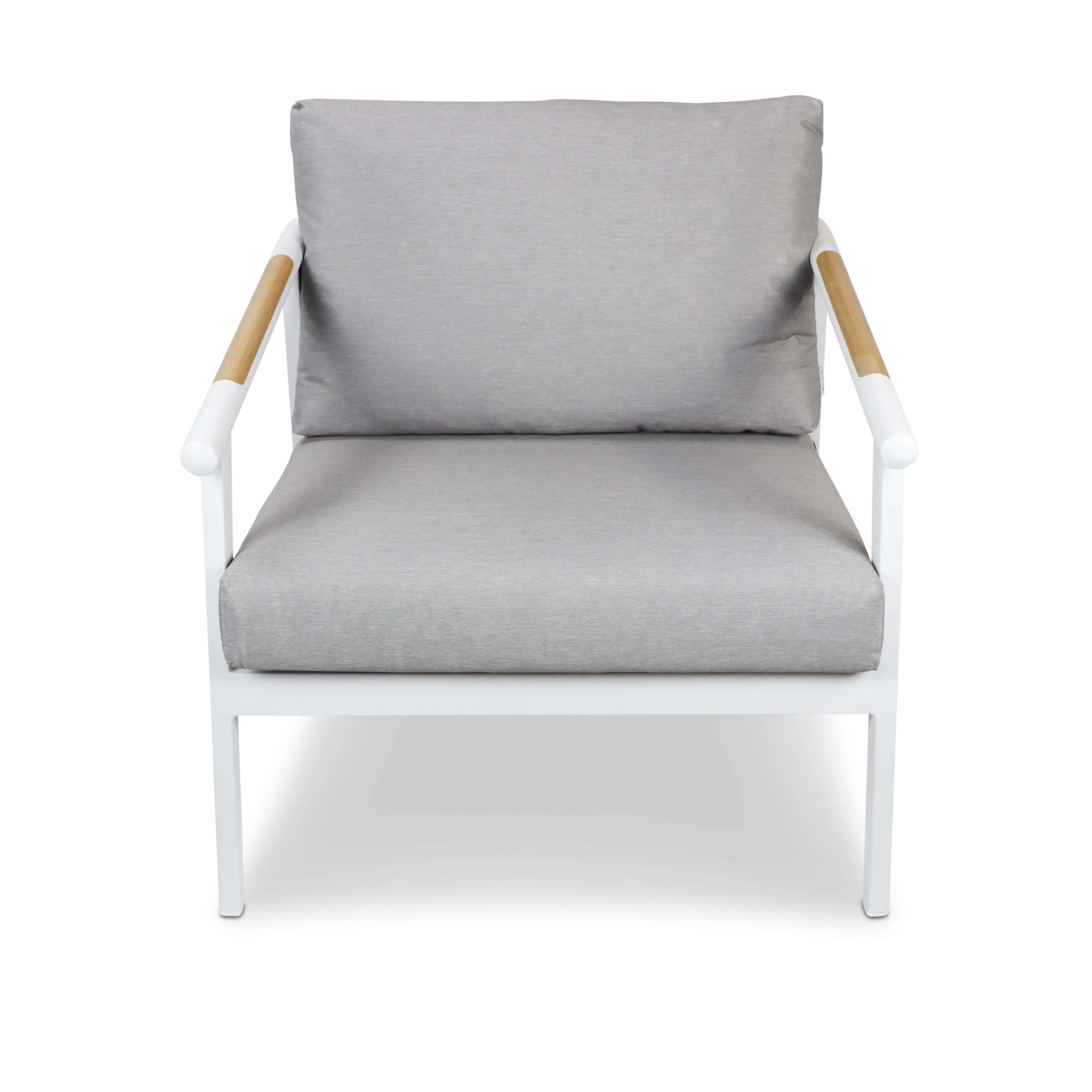 Porto & Santorini Large 3pc Occasional Set in Arctic White Aluminium Frame with Teak Polywood Accent and Spuncrylic Stone Grey Cushions