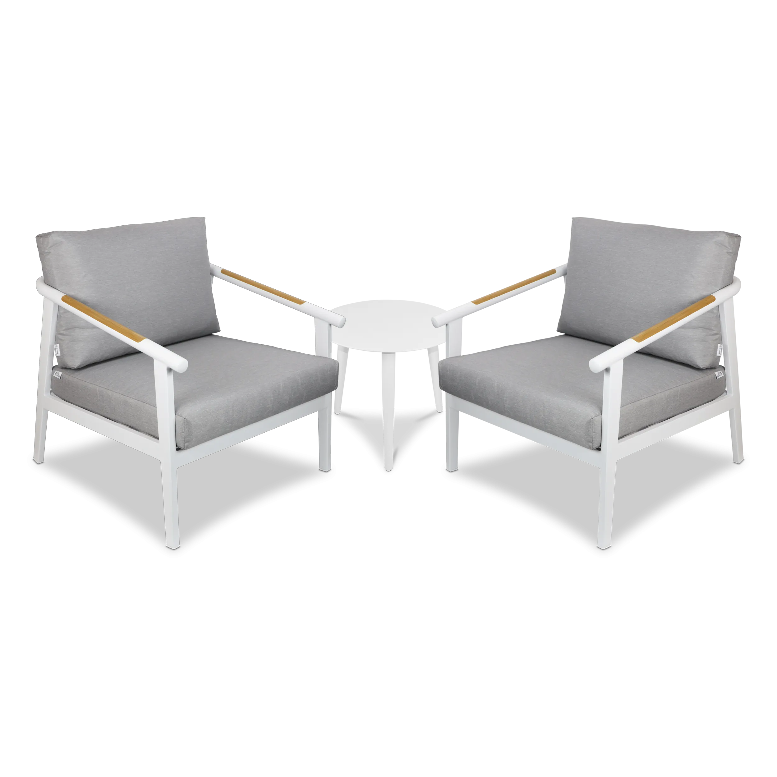 Porto & Santorini Large 3pc Occasional Set in Arctic White Aluminium Frame with Teak Polywood Accent and Spuncrylic Stone Grey Cushions