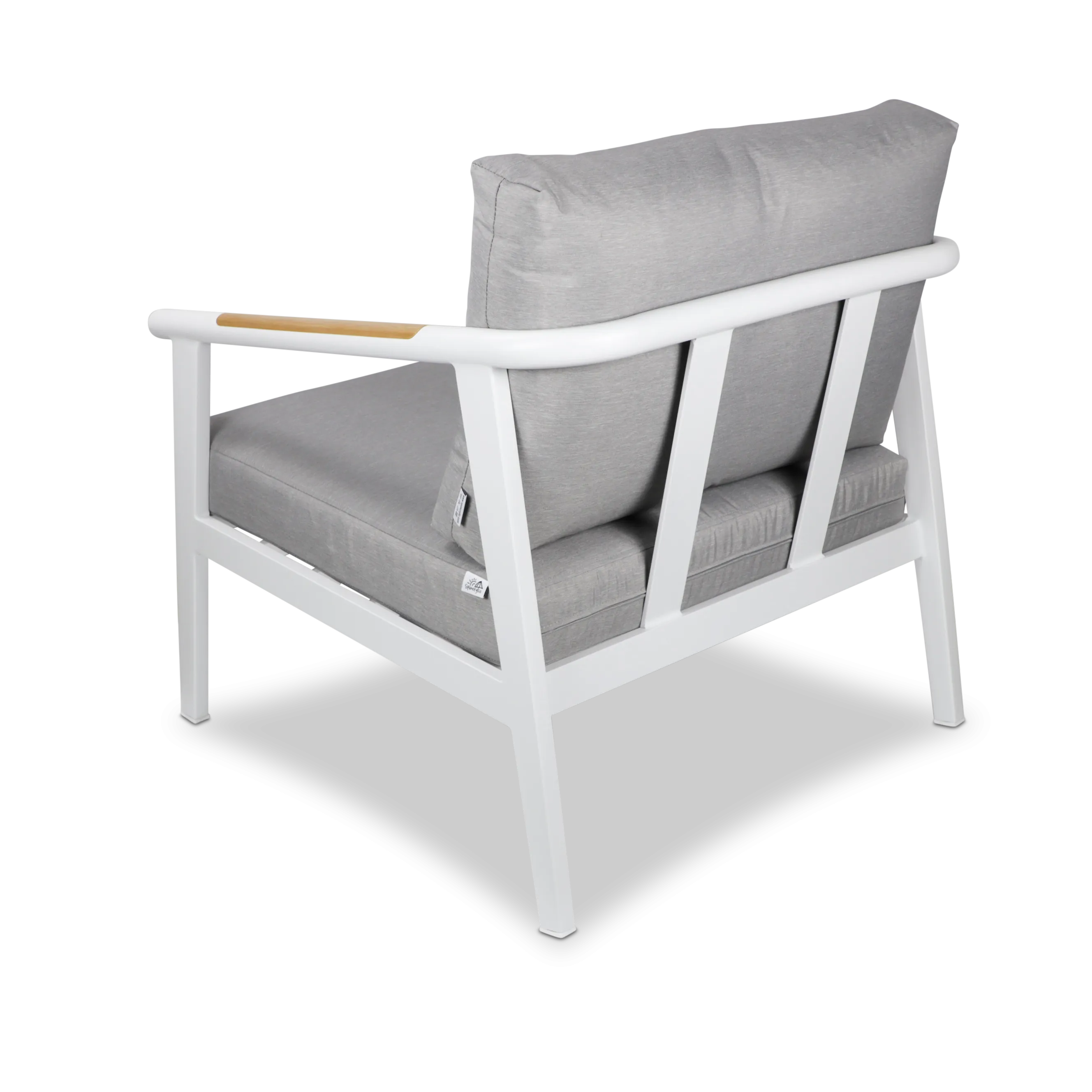 Porto & Santorini Large 3pc Occasional Set in Arctic White Aluminium Frame with Teak Polywood Accent and Spuncrylic Stone Grey Cushions