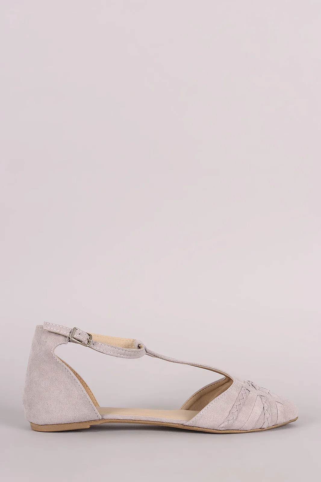 Qupid Braided T-Strap Pointy Toe Suede Flat