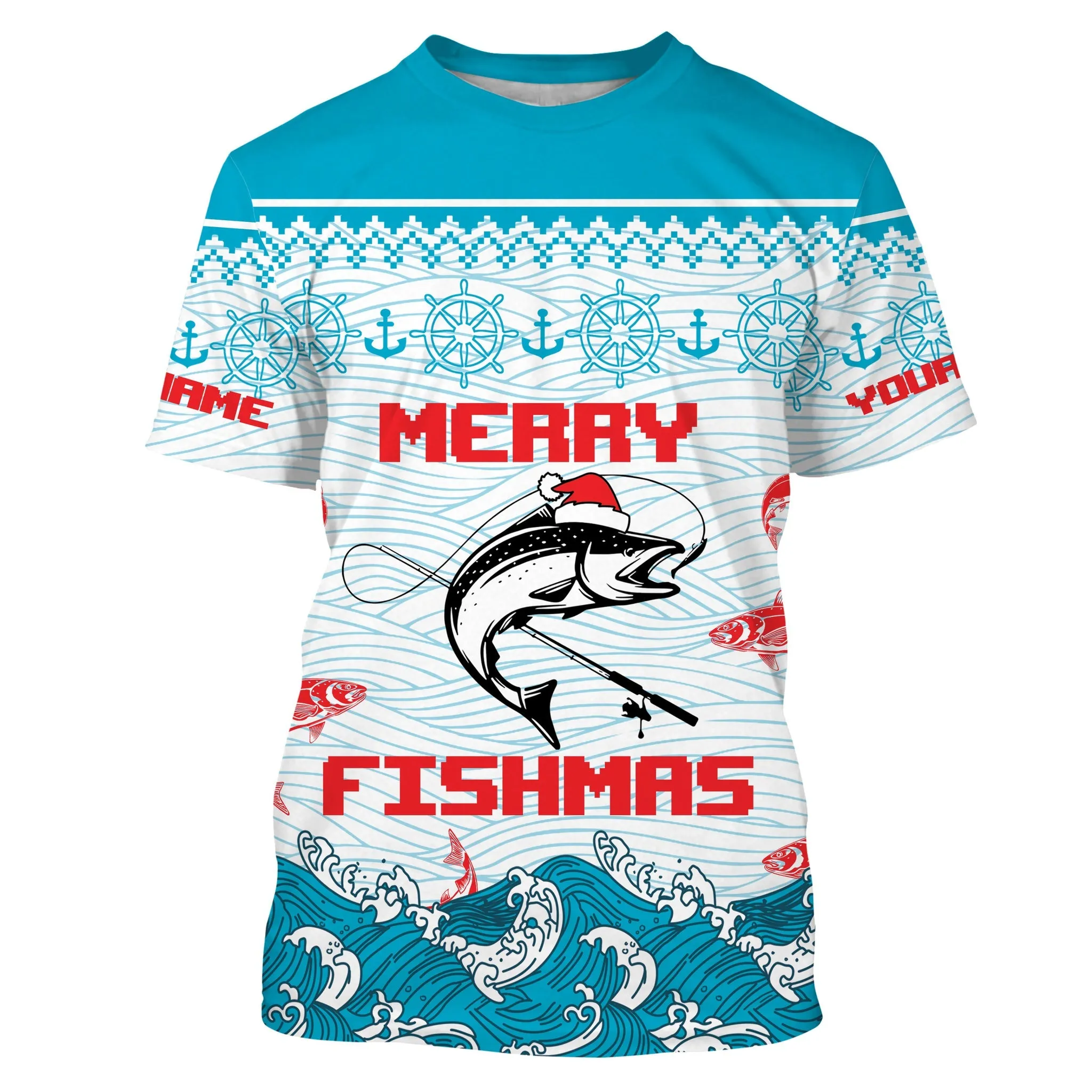 Salmon Fishing Funny Merry Fishmas Christmas pattern Fishing Shirts, Christmas Fishing gifts