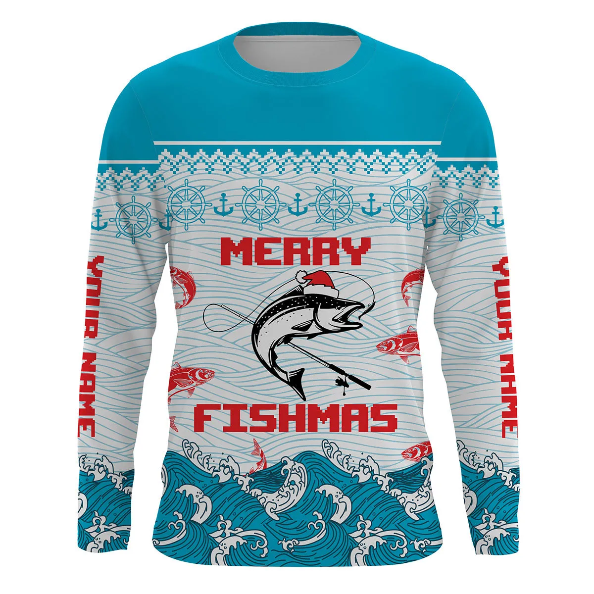 Salmon Fishing Funny Merry Fishmas Christmas pattern Fishing Shirts, Christmas Fishing gifts