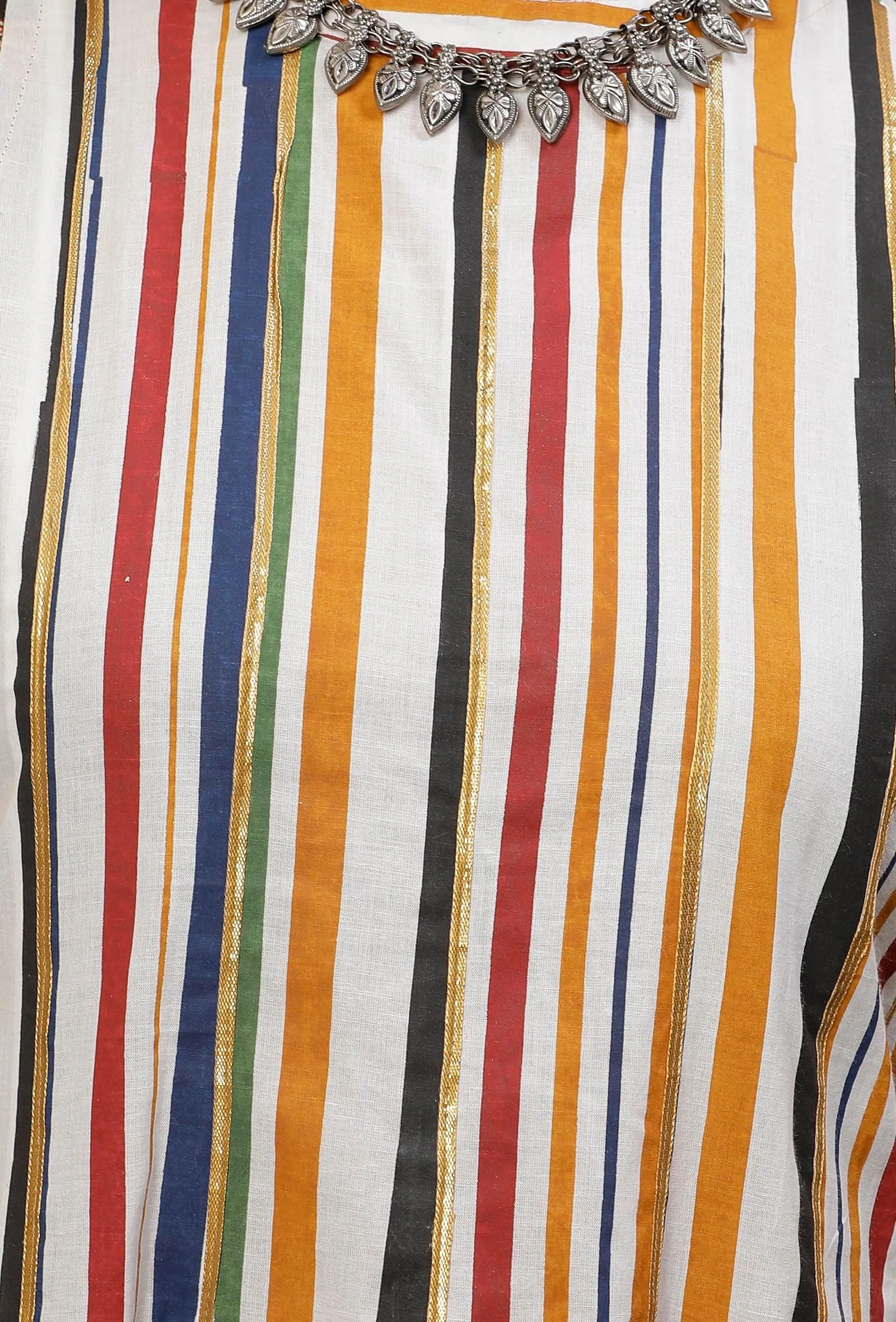 White Striped Cotton Kurta With Black Kalamkari Border